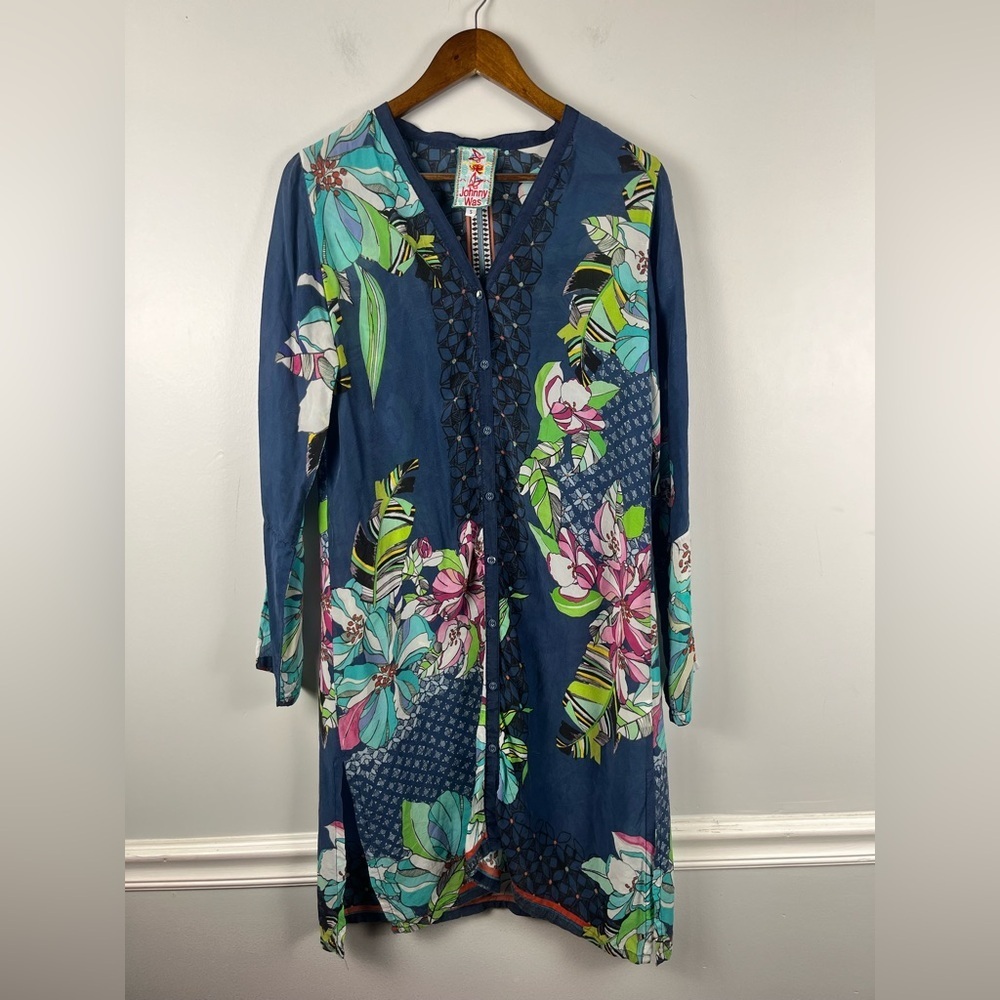 Johnny Was Rayon Floral Button Down Garden Cardigan Tunic Dress Jacket S